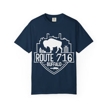 Load image into Gallery viewer, Route 716 Buffalo Crest T-Shirt — City Skyline &amp; Guitar Logo
