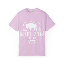 Load image into Gallery viewer, Route 716 Buffalo Crest T-Shirt — City Skyline &amp; Guitar Logo
