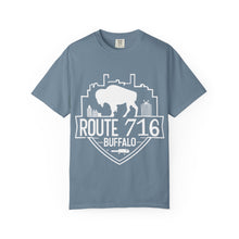 Load image into Gallery viewer, Route 716 Buffalo Crest T-Shirt — City Skyline &amp; Guitar Logo
