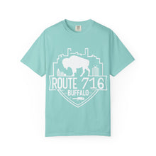 Load image into Gallery viewer, Route 716 Buffalo Crest T-Shirt — City Skyline &amp; Guitar Logo
